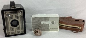Vintage Kodak Brownie Junior Six-20 Camera and Airline 6 Transistor Radio Model GEN-1202 in Leather Carrying Case