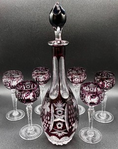 Vintage Bavarian Crystal Nachtmann Traube Amythyst Cut to Clear Decanter Set with 6 Glasses