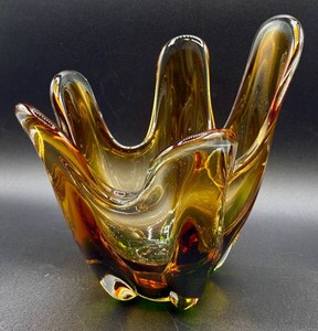 Vintage Mid Century Modern Hand-Blown Amber and Green Finger Vase - 8 H x 6.5 W