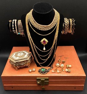 Collection of Vintage Gold Tone Necklaces, Bracelets, Earrings and Jewelry Boxes