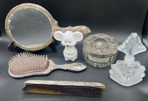 Vintage 4 Piece Silverplated Vanity Set (Mirror, Brush, Comb, and Powder Puff)  and 2 Decorative Perfume Decanters ( Avon and I.W. Rice & Co)