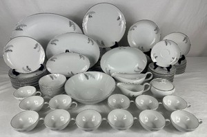 Vintage Fukagawa Arita Fine Porcelain Dinnerware Set- Silver Bamboo Pattern (#714)