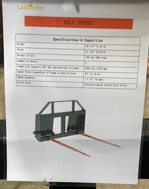 Landhonor Skid Steer Bale Spear (BS-12-2500G)  missing spear