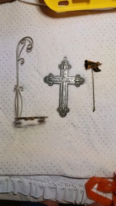 Silver Cross & Hanger.   Brass candle snuffer