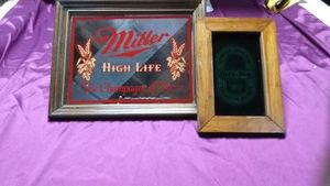 Vintage Miller High Life beer mirror and Heineken framed beer label