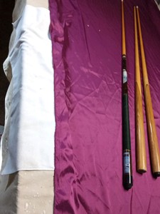 1 (2 pc pool stick with Fish design on it), and 2 wooden pool sticks