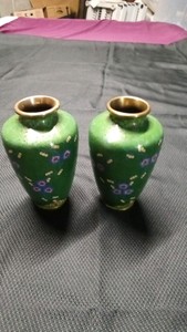Vintage PR of brass Green Cloisonne Enamel vases