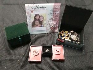 Mirrored jewelry box of jewelry including genuine crystal pins, velvet jewelry box and a Mother glass photo frame