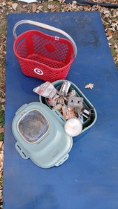 Basket & Plastic container with electrical items.