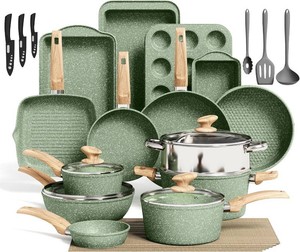 $190 Kitchen Academy 30pcs Pots and Pans, Nonstick Cookware and Bakeware Sets  Induction Kitchen Cooking Set, Durable, Easy Food Release, Even Heating