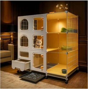 $139 Cat Cage Indoor with Litter Box, Complimentary Bed, Bowl, Cleaning Three Piece Set, Large Cat Enclosure, Cat House with Wheels Outdoor, Small Animal Cage Cat Kennel, White, 41.8(L) x 18.1(W) x 46.1(H)