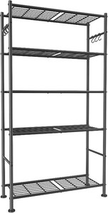 Sakugi Storage Shelves - 5-Tier Large Capacity Shelf Organizer with Hooks, Heavy-Duty Garage Shelving with Leveling Feet, Wobble-Free Rack for Bedroom, Balcony, Garage, 32.1 12.4 71.4, Black