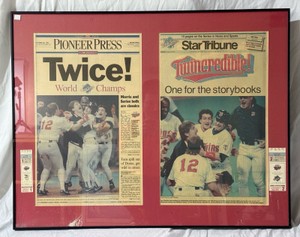 1991 World Series Minnesota Twins Framed Game 1 and 2 Ticket Stubs  Newspaper Covers - Framed 34x27 Baseball