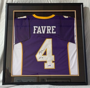 Brett Favre Autographed w COA and HOF 16 Inscription Minnesota Vikings Football Jersey Custom Framed 33.5x34