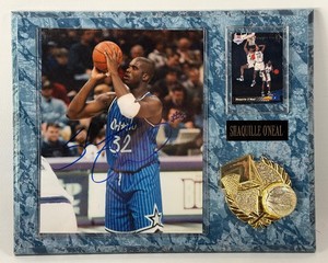 Shaquille ONeal Autographed Photo w Basketball Rookie Card and Plaque