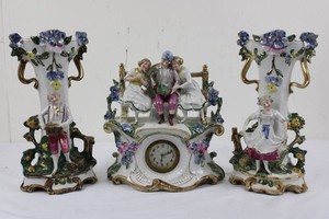 Porcelain Figural Mantel Clock Set With Matching Candelabra