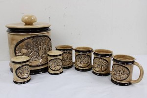 Ceramic Country Scene Cookie Jar, 4 Mugs & Salt & Pepper Shaker