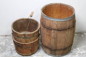 Wooden Barrel and 2 Buckets