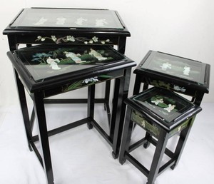 Vintage Oriental Black Lacquer Nesting Table Set