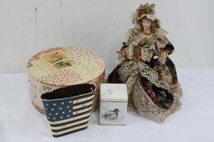 Decorative Doll, Tin Basket & Duck Tin Mixed Lot