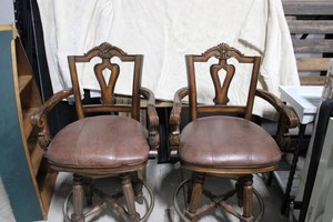 Pair of Carved Wood Bar Stools With Upholstered Seats