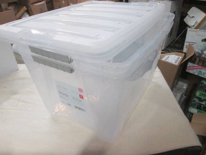 2 Covered plastic totes one lid has...