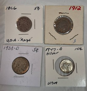 1866 Shield Nickel (Rays), 1912 Liberty Nickel, 1938-D Buffalo Nickel & 1947-D Silver Roosevelt Dime Coin Lot
