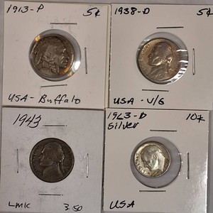 1913 Buffalo Nickel, 1938-D Jefferson Nickel, 1943 Jefferson Nickel & 1963-D Silver Roosevelt Dime Coin Lot