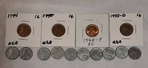 Lincoln Wheat Cent Collection  14 Coins Including 1944, 1948 BU & Steel Cents