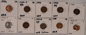 Lincoln Wheat Cent Collection  10 Coins Including 1943-S Steel Cent, 1941-D, 1942-S & 1944 Issues