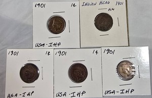 1901 Indian Head Cent Collection  5 Coins Including Better Grade Examples