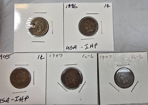5 Indian Head Cents  1863, 1896, 1905 & (2) 1907 Circulated US Coins