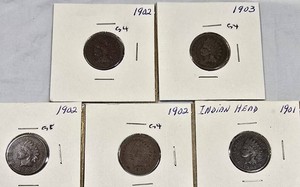 5 Indian Head Cents  1901, (2) 1902 & (2) 1903 Circulated US Coins