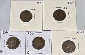5 Indian Head Cents  1897, (3) 1905 & 1906 Circulated US Coins