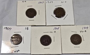 5 Indian Head Cents  1907 (3), 1908 & 1909 Circulated US Coins