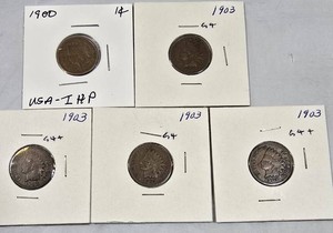 5 Indian Head Cents  1900 & (4) 1903 Circulated US Coins