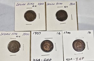 5 Indian Head Cents  (4) 1900 & 1907 Circulated US Coins