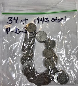 34 Genuine 1943 Steel Lincoln Cents (P-D-S)  Mixed Mint Marks  WWII Steel Penny Coin Lot