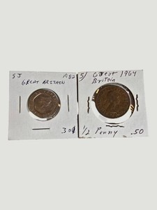Lot of 2 Great Britain Coins  1952 Threepence & 1964 Half Penny  Queen Elizabeth II