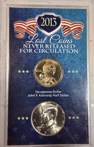 2013 Kennedy Half Dollar & Sacagawea Dollar Lost Coins Never Released for Circulation Set  Display Case