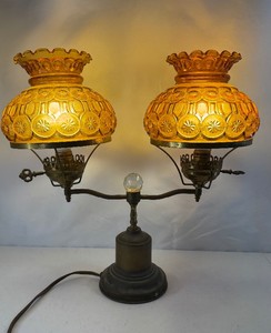 Vintage Twin-Arm Hurricane Lamp with Amber Quilted Glass Shades