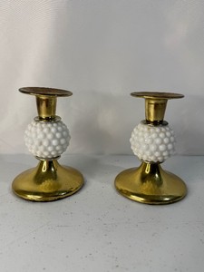 Set of Brass and Hobnail Milk Glass Candle Sticks