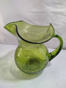 Green Hand-Blown Crackle Glass Pitcher
