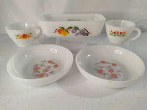 Fire King Milk Glass Loaf Pan, Coffee Cups & Bowls