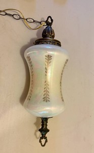 Vintage Hanging Swag Light White Iridescent Glass w Gold Design
