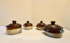 Vintage Brown Stoneware Soup Bowls with Lids