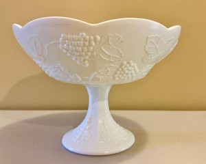 Vintage Milk Glass Grape Relief Pattern Pedestal Bowl