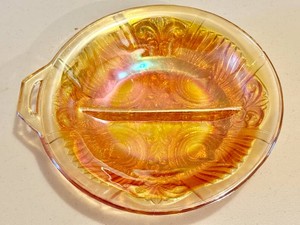 Vintage Carnival Glass Amber Iridescent Divided Dish