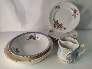 Antique Floral Plates, Mustache Cup, Pie Plate & Serving Bowl