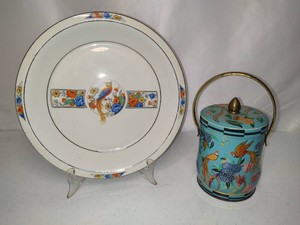Hall China Co. Hand Decorated Plate & Regal Crown Lidded Tin by Murray-Allen